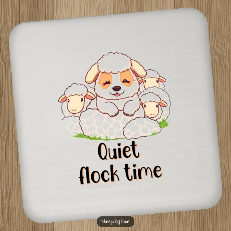 Funny sheepdog coaster featuring a contented sheepdog and sheep, a humorous and functional item for protecting furniture.