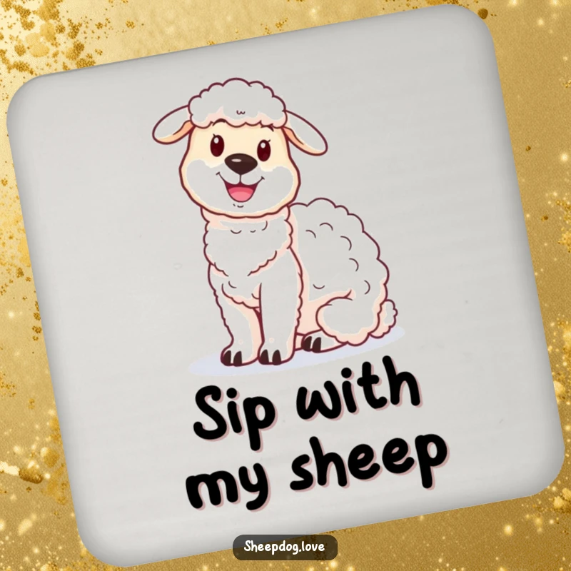 Funny sheepdog coaster showing a proud sheepdog sitting guard beside a fluffy sheep.