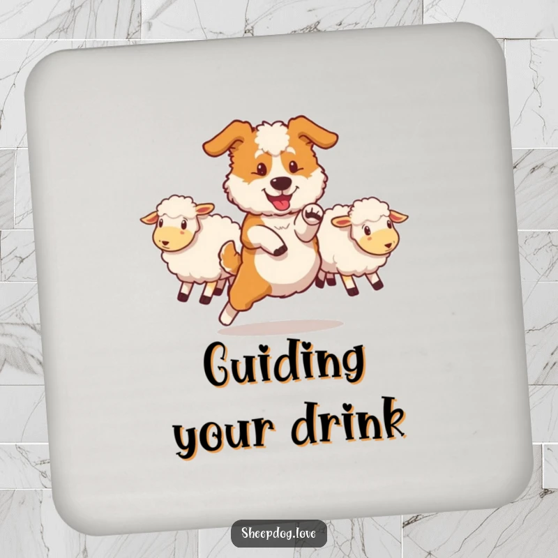 Funny sheepdog drink coaster showing a dog performing a swift maneuver to redirect sheep, adding a dynamic touch to tables.