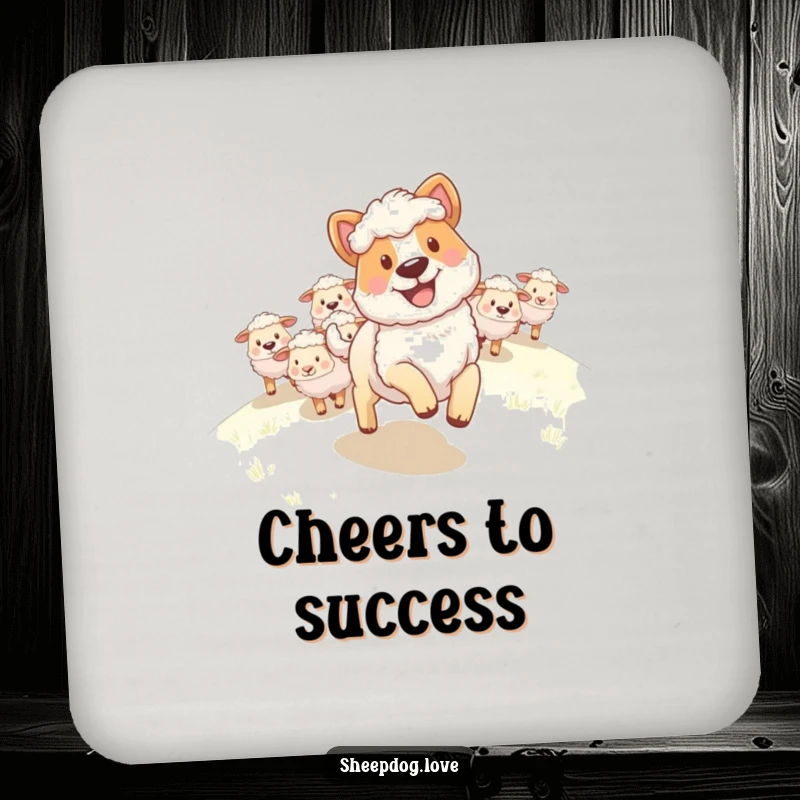 Funny Sheepdog Coasters: A happy sheepdog with a grin leading a flock of sheep uphill, protecting surfaces with humor.