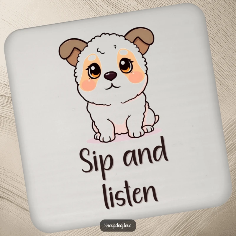 Funny sheepdog drink coaster featuring a dog with perked ears listening intently, protecting surfaces with humor. Ideal for parties.