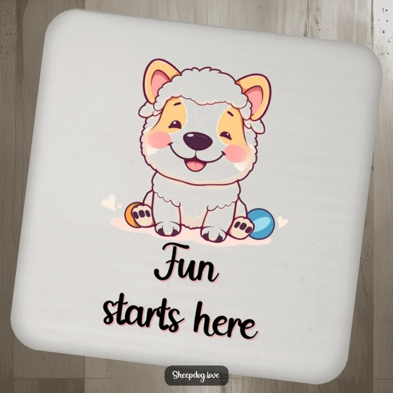 Funny sheepdog coaster featuring a grinning sheepdog overseeing playful sheep, a humorous and functional home accessory.