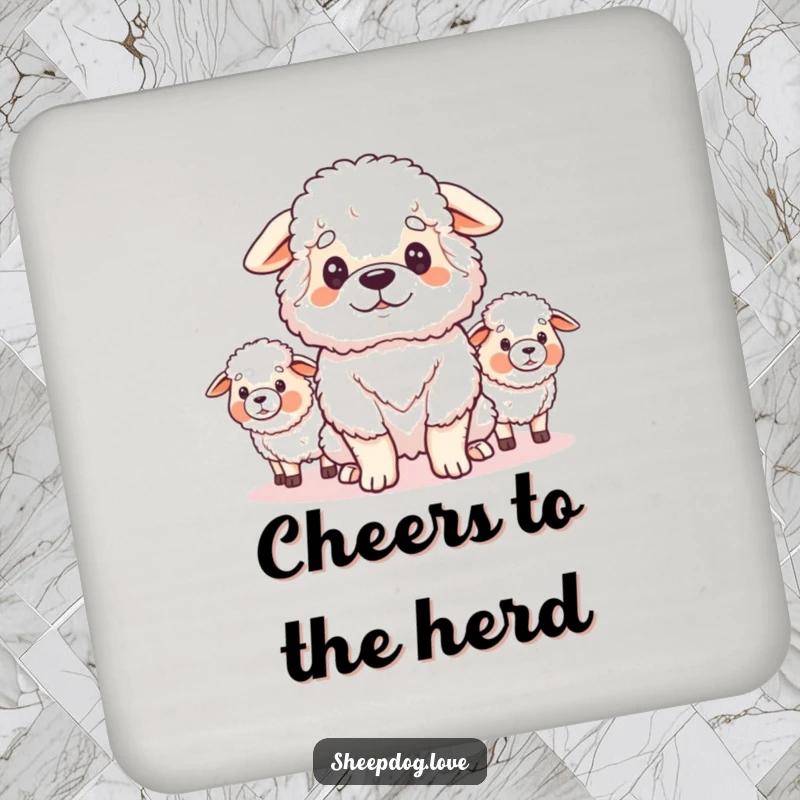 Funny drink coaster featuring a fluffy sheepdog looking proudly at its flock, adding loyal and funny protection to surfaces.