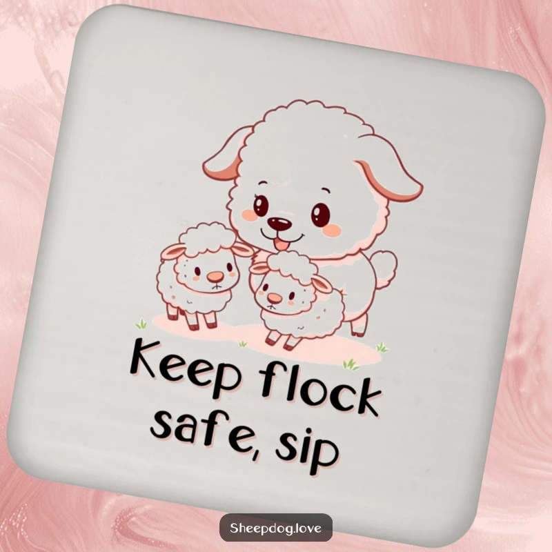 Funny Sheepdog Coaster featuring a fluffy sheepdog playfully herding tiny, bouncy sheep, protecting surfaces with charm.