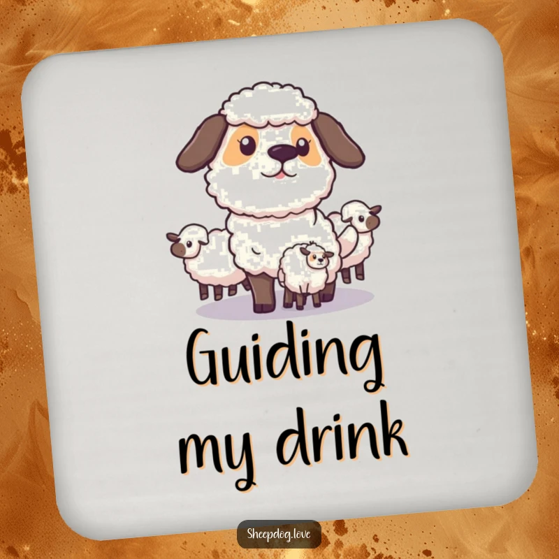 Funny Sheepdog Coasters: A focused sheepdog strategically guides its flock, protecting surfaces with humor and canine intelligence.