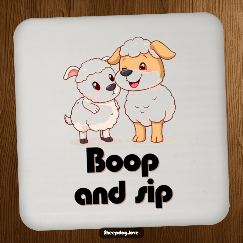 Funny sheepdog nudging sheep drink coaster, showing a dog playfully nudging a startled sheep.