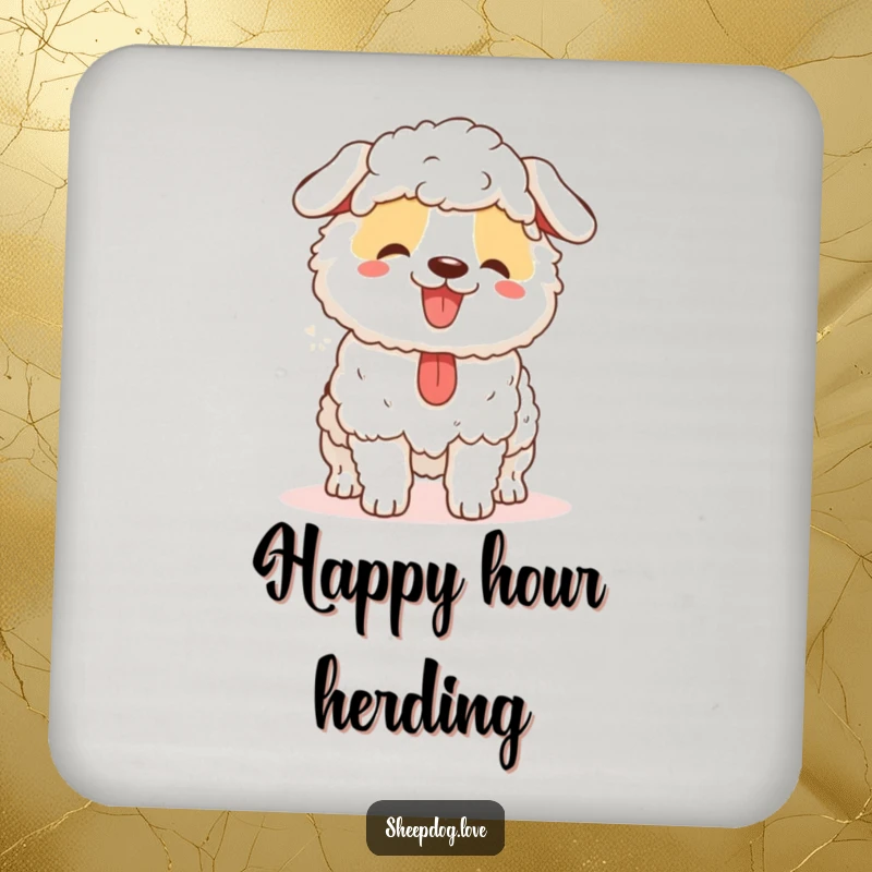 Funny sheepdog drink coaster showing a happy panting herder dog, protecting tables with humor and style.
