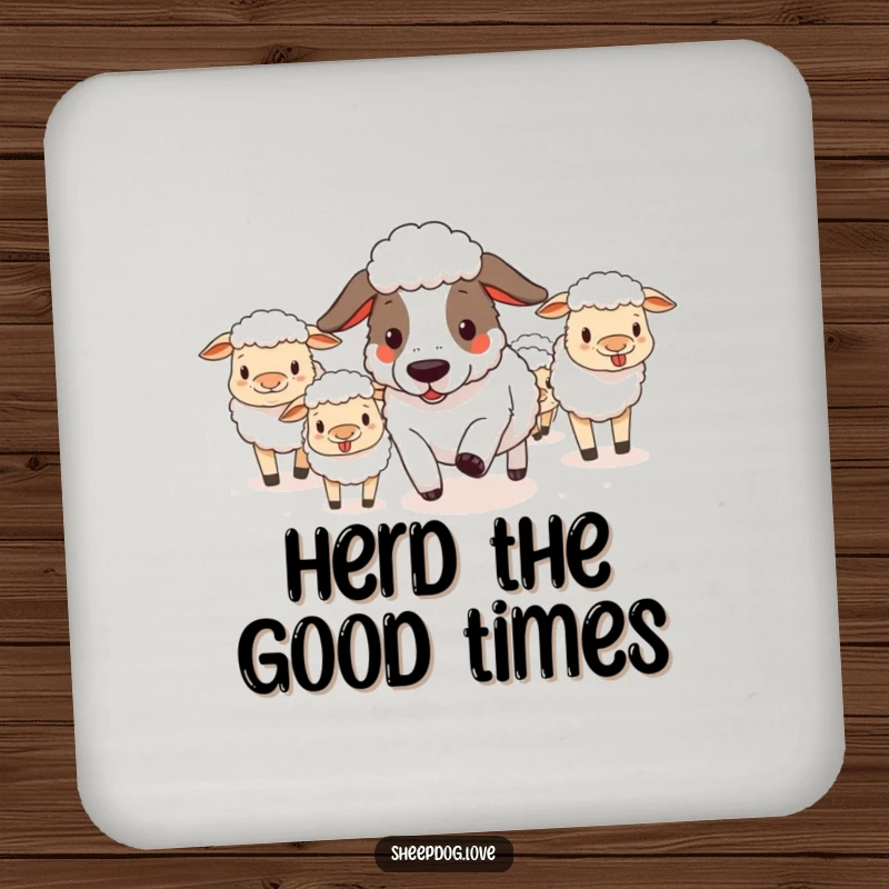 Funny sheepdog skillfully herding sheep on protective drink coasters, adding a humorous touch to tabletops.