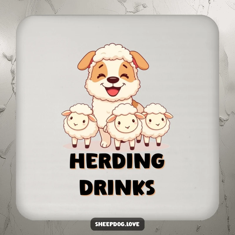Funny drink coaster set with a grinning sheepdog herding sheep, offering humorous protection and a dog-loving theme.