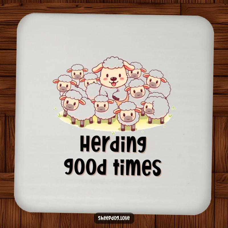 Funny drink coasters with a playful sheepdog herding fluffy sheep, adding a charming and humorous flair.
