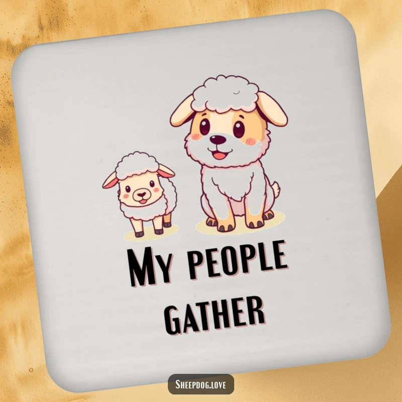 Funny Sheepdog coasters featuring a pleased dog with sheep following, ideal for protecting surfaces with a touch of farm humor.