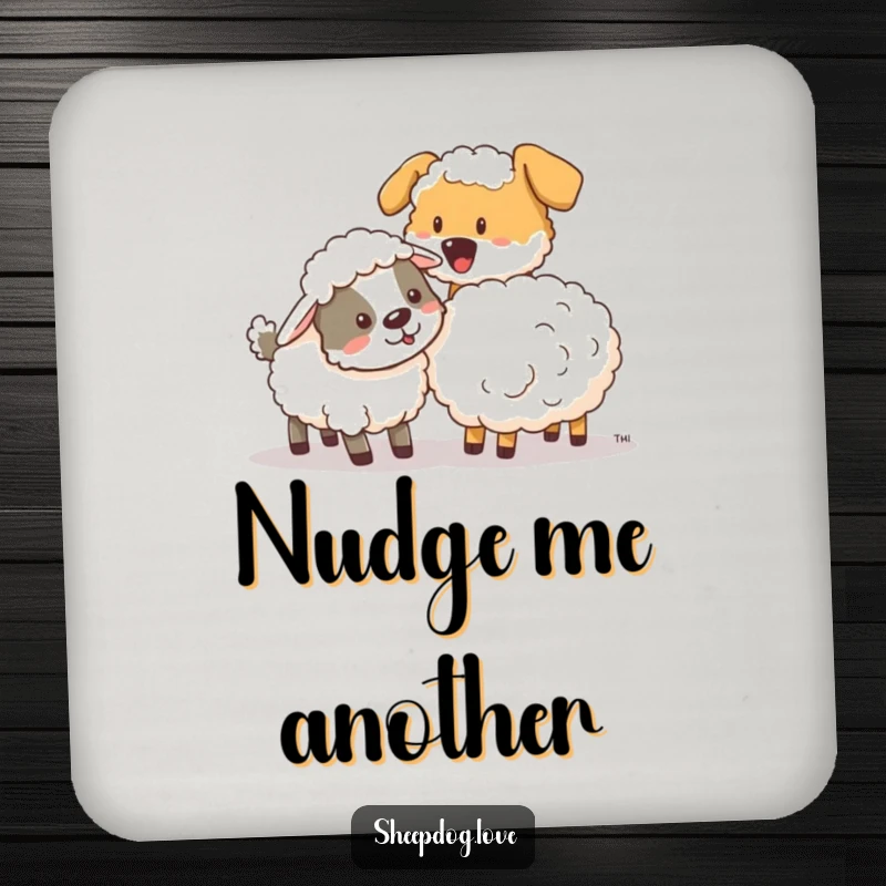 Funny sheepdog playfully nudging a stray sheep on protective drink coasters, bringing humor to tabletops.