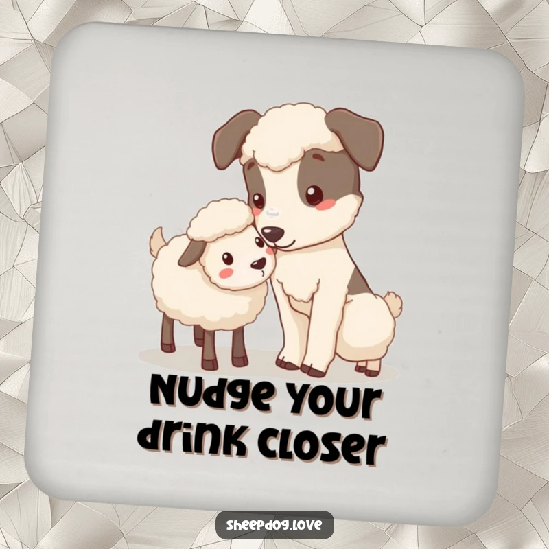 Funny Nudging Sheepdog Coaster featuring a sheepdog gently nudging a stray sheep, symbolizing care and kindness.