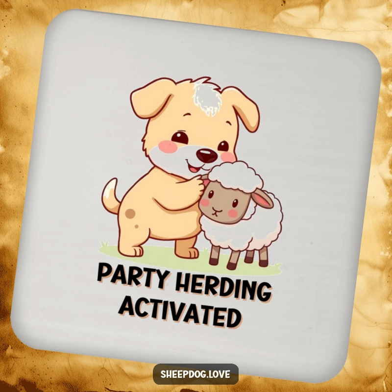 Funny sheepdog nudging a stray sheep back to the flock on a drink coaster, adding a helpful touch.