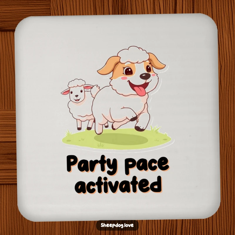 Funny Sheepdog coasters featuring a happy dog with its tongue out, running near sheep, ideal for protecting tables with humor.
