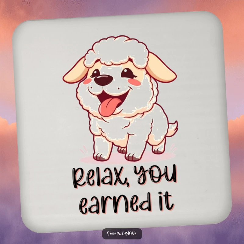 Funny Panting Sheepdog Coaster featuring a happy sheepdog panting with its tongue out, symbolizing post-exercise relaxation.