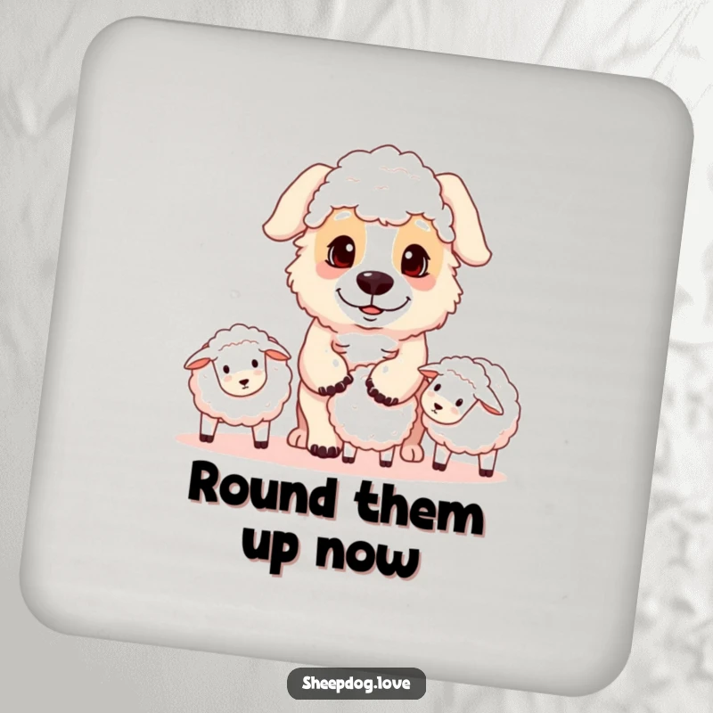 Funny sheepdog drink coaster with a playful herding dog and focused gaze rounding up sheep, designed to protect furniture with humor.