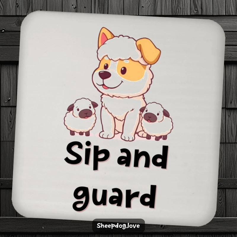 Funny Sheepdog Coasters: Sheepdog with a determined, happy expression watching sheep, protecting surfaces with loyalty.