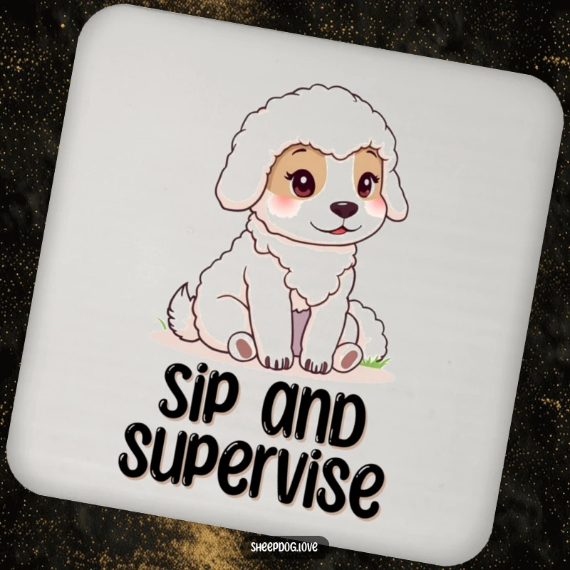 Funny sheepdog drink coaster with a calm dog watching sheep, protecting tables with subtle humor.