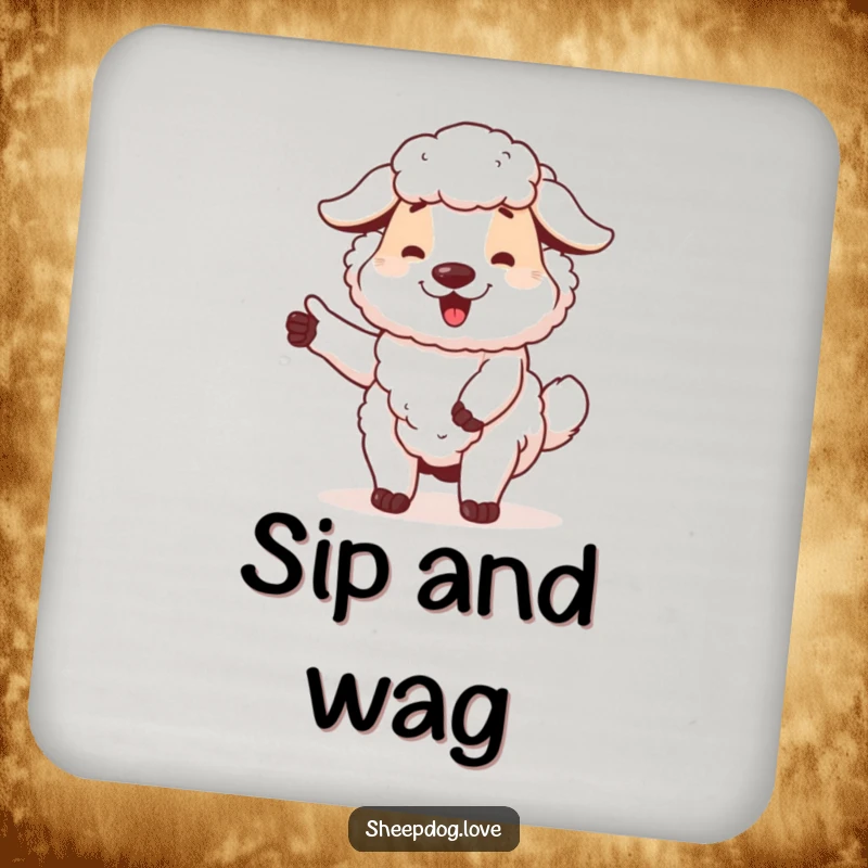 Funny sheepdog drink coaster showing a proud dog wagging its tail, perfect for adding a heartwarming touch to tables.