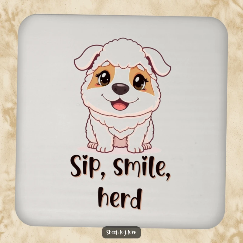 Funny sheepdog’s happy, determined face featured on protective drink coasters, bringing humor to any table setting.