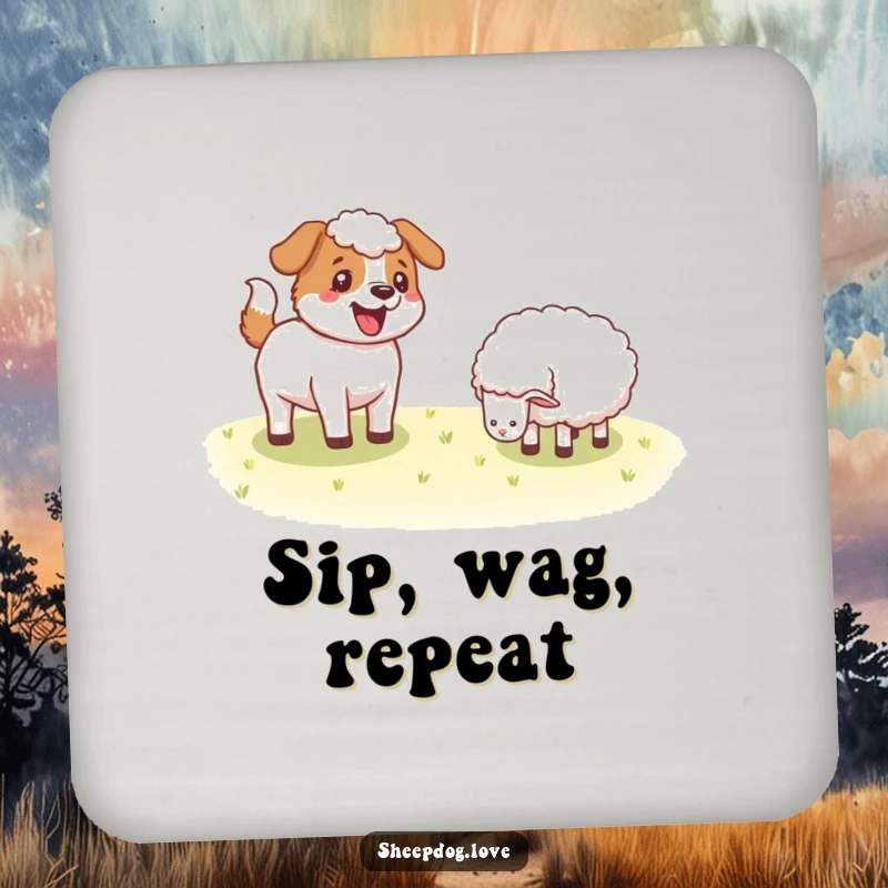 Funny Sheepdog coasters featuring a happy dog wagging its tail near sheep, ideal for protecting surfaces with a touch of humor.