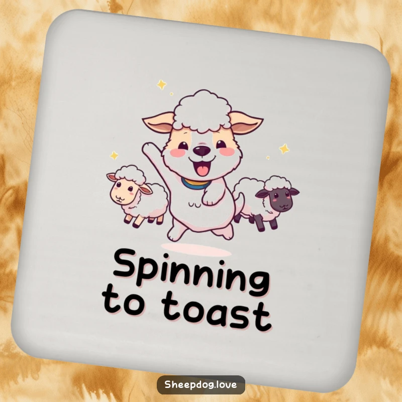 Funny sheepdog doing a victory spin with sheep in tow on a drink coaster, adding a celebratory touch.