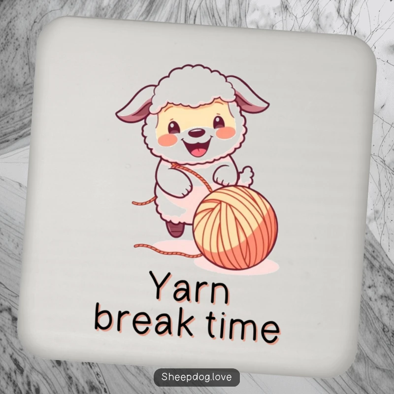 Funny Sheepdog Coasters: A cheerful sheepdog playfully tangled in yarn, protecting surfaces with adorable charm and a touch of humor.