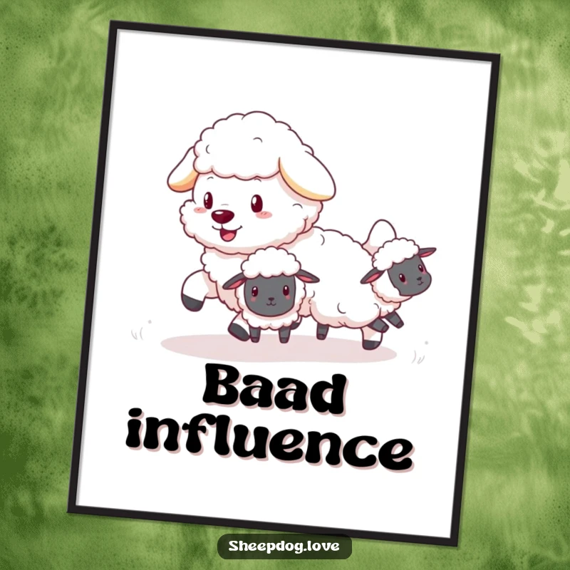 Funny Sheepdog Poster: Fluffy sheepdog playfully rounding up tiny, bouncing sheep, creating a scene of delightful chaos.