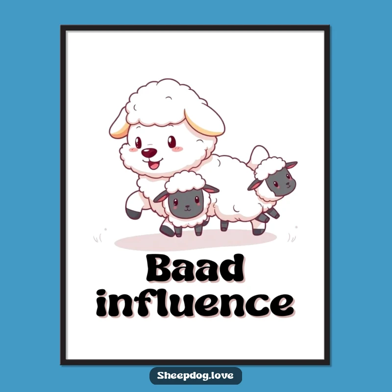 Funny Sheepdog Poster: Fluffy Pup Herding Bouncing Sheep Art, Hilarious Wall Decor Gift