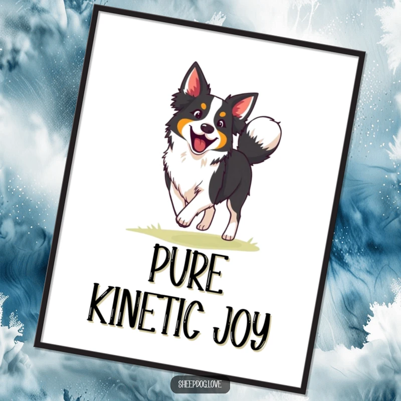 Funny border collie poster showcasing an enthusiastic herding dog with a wagging tail, radiating happiness and focus during its task.