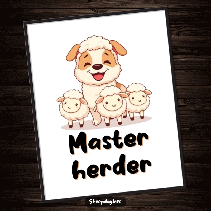 Funny poster featuring a sheepdog with a wide grin, skillfully herding fluffy sheep, humorous wall decor for dog lovers.