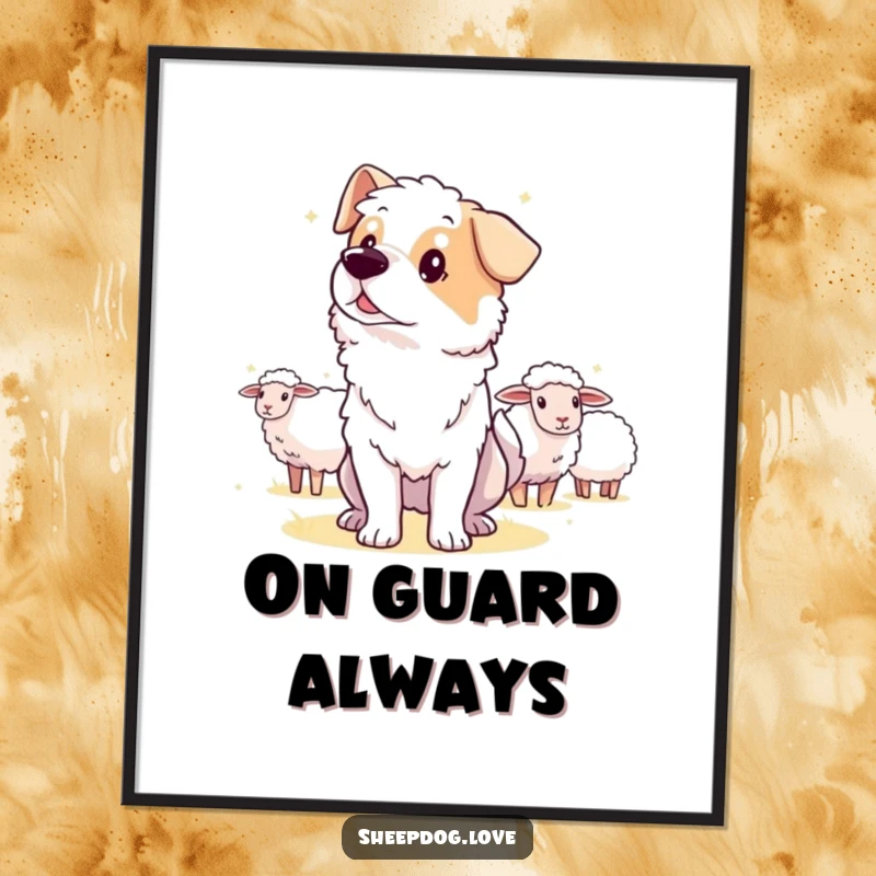 Funny guard sheepdog poster, an alert dog intently watching the distance to guard sheep.
