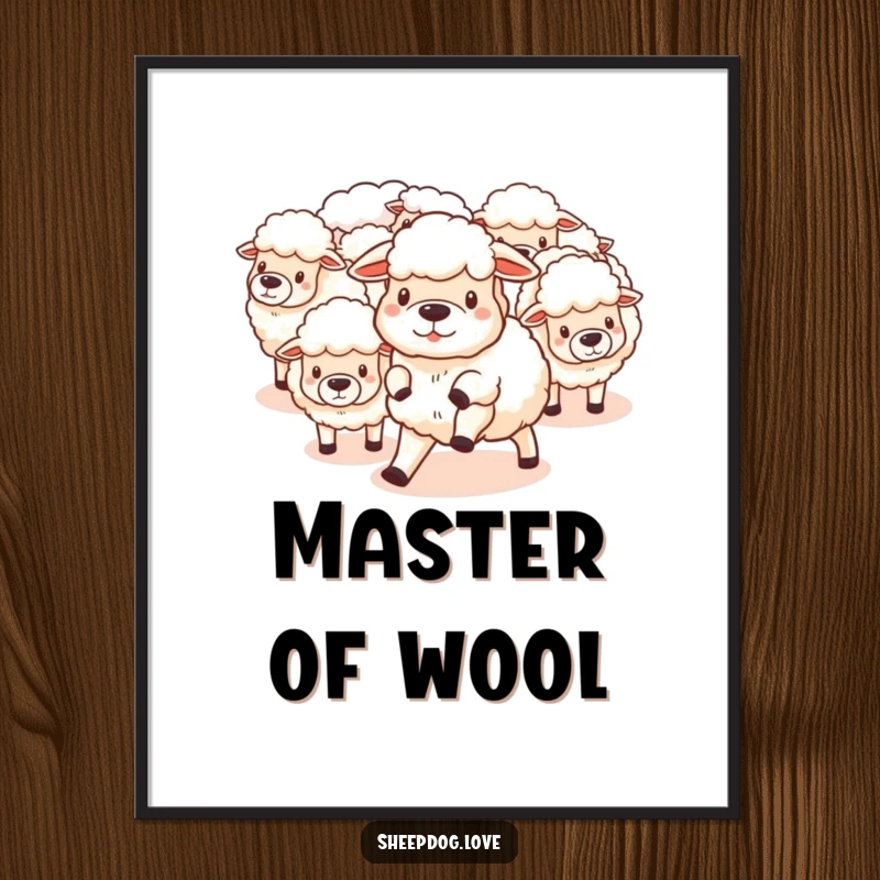 Funny Poster: Sheepdog herding fluffy sheep, depicting farm humor and canine work ethic, a great funny gift for decor.