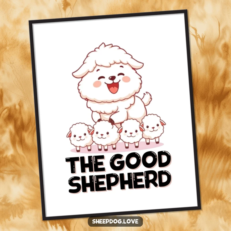 Funny sheepdog poster illustration of a sheepdog joyfully herding fluffy sheep, charming farm art, heartwarming scene, a perfect funny gift.