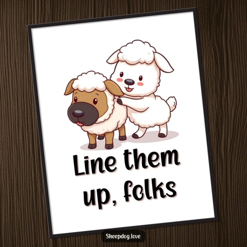 Funny sheepdog poster, a playful dog gently nudging a stray sheep back into the fold, with humor and focus.