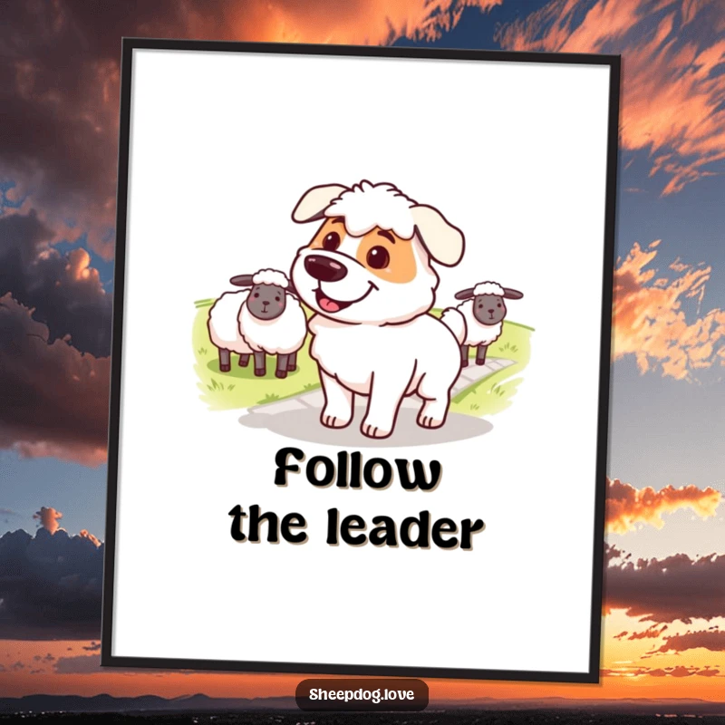 Funny sheepdog poster, a smiling dog with a determined look, leading sheep across a path, conveying purpose.
