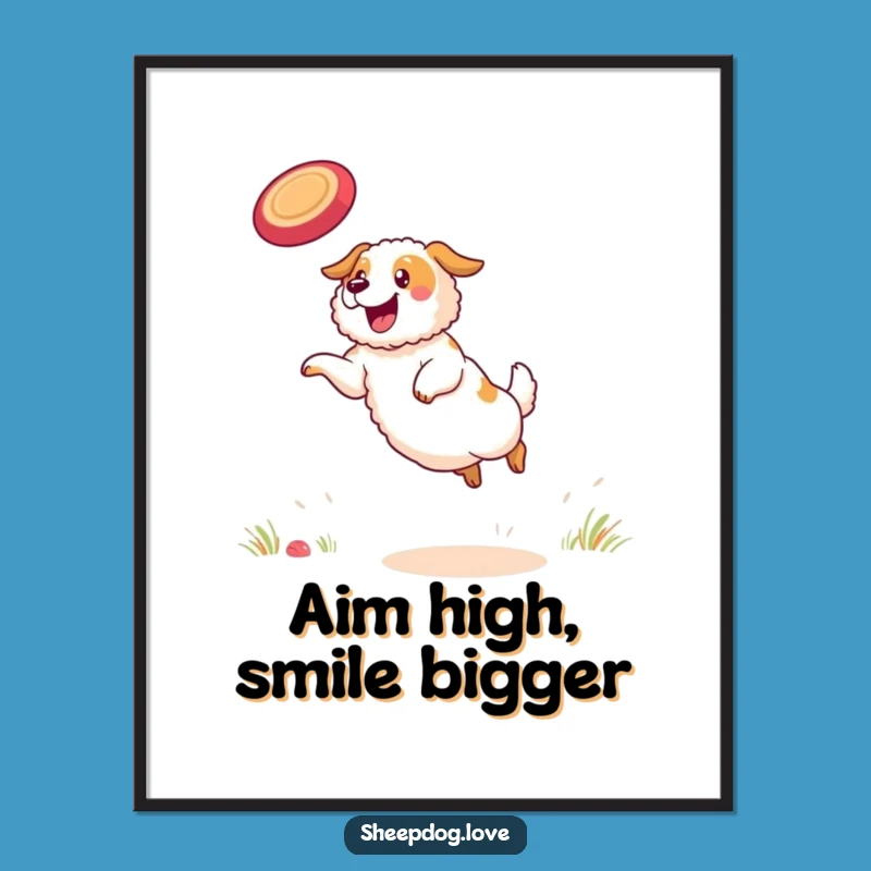 Funny Sheepdog Poster: Determined Frisbee Catch Art, Vibrant Funny Gift