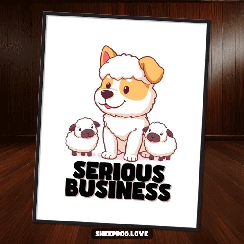 Funny Sheepdog Poster: A sheepdog with a determined and happy expression, intently observing a flock of sheep.