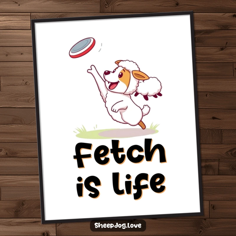 Funny Sheepdog Poster: An energetic sheepdog leaping to catch a frisbee thrown by a sheep, capturing a moment of pure fun.