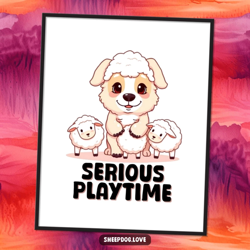 Funny sheepdog poster showcasing a playful dog with a focused gaze, skillfully herding a small group of sheep with precision and charm.