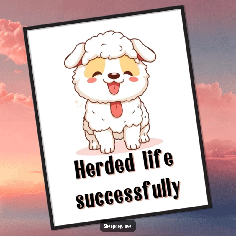 Funny sheepdog poster print of a happy dog panting after herding, a charming and humorous wall decoration gift.