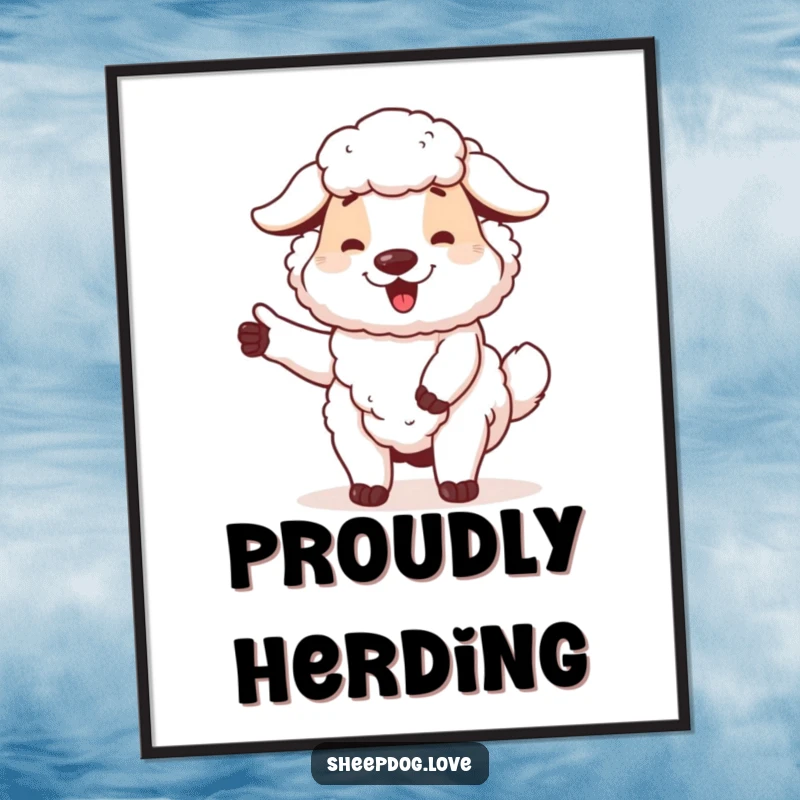 Funny sheepdog poster showing a proud dog wagging its tail, celebrating accomplishment, perfect for adding warmth and humor to decor.