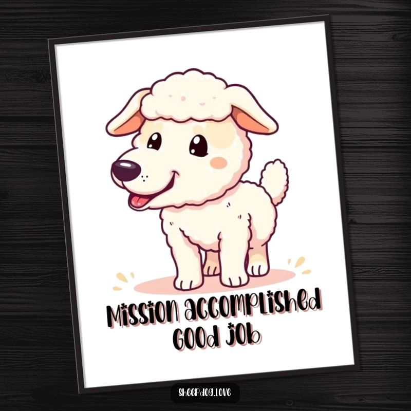 Funny sheepdog poster capturing an ecstatic sheepdog with its tail wagging furiously, celebrating a successful job well done.