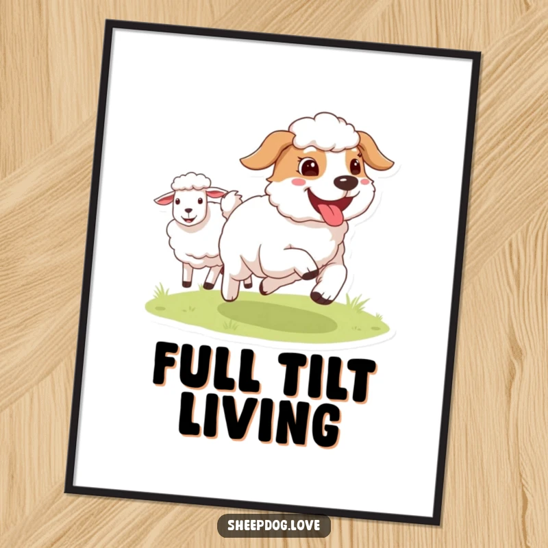 Funny Sheepdog poster featuring a happy dog with its tongue out, running alongside sheep, adding a touch of energetic farm humor.