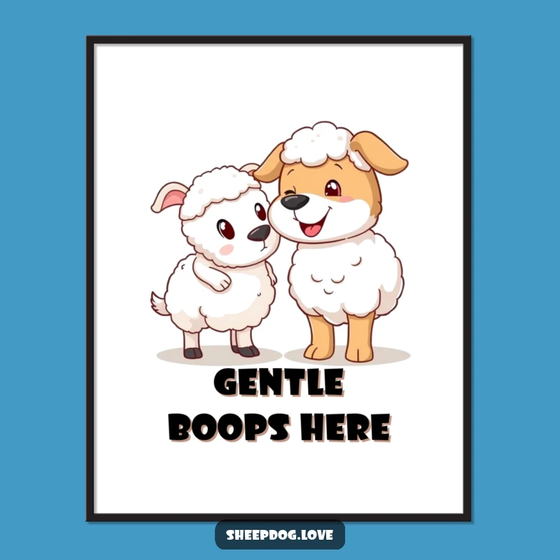 Funny Sheepdog Nudging Sheep Poster, Whimsical Farm Wall Art