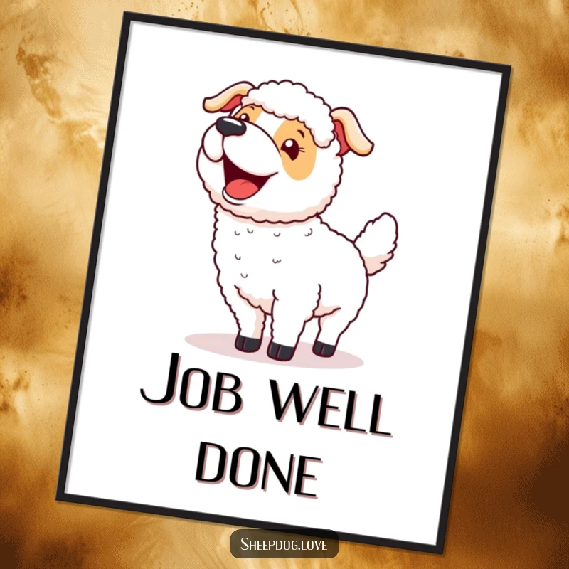 Funny poster featuring a sheepdog with its tail wagging excitedly after a successful round-up, humorous and celebratory wall art.
