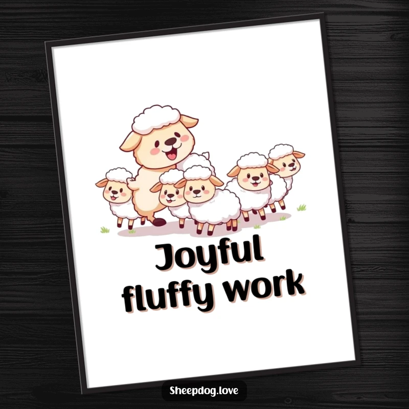 Funny sheepdog poster showcasing a fluffy dog joyfully herding a small group of sheep with playful energy and infectious happiness.