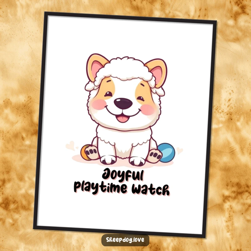 Funny sheepdog poster of a grinning sheepdog overseeing playful sheep, a humorous and heartwarming piece of wall art.