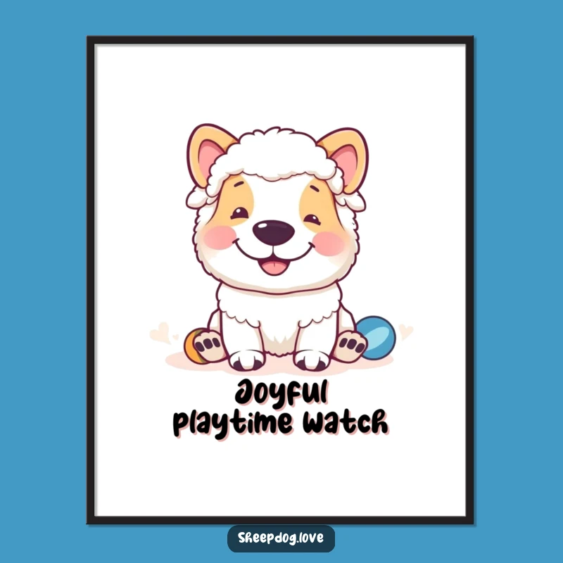 Funny Sheepdog Grin Poster: Playtime Guardian's Hilarious Funny Gift